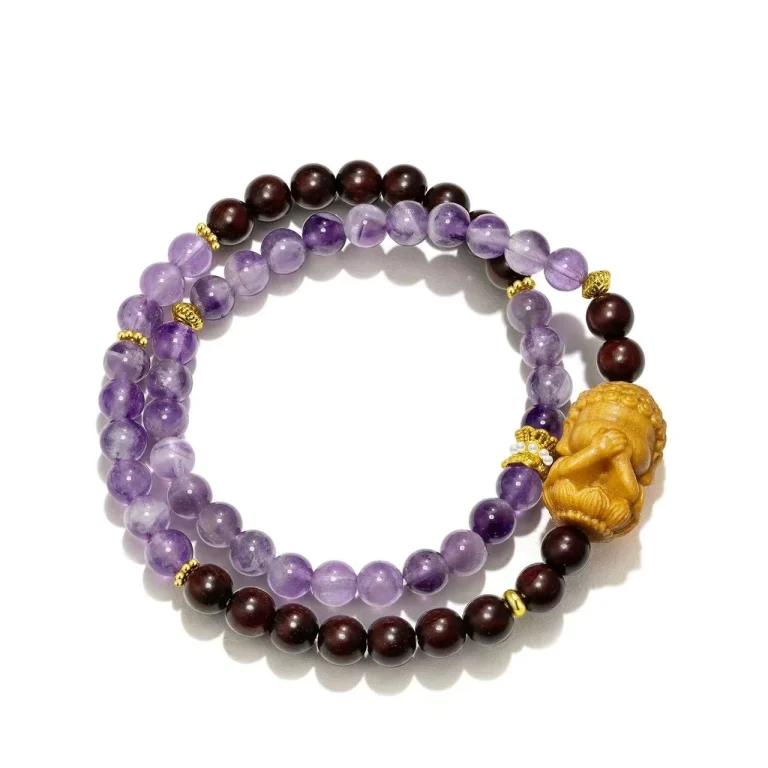 Lavender, amethyst, sunstone, and intricately carved purple sandalwood double-ring bracelet.6mm